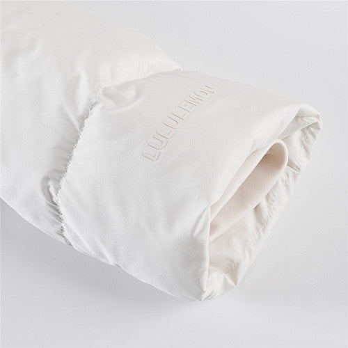 Lululemon Ivory Women's Hooded Down Puffer – Tonal Embossed Logo Snap Placket Wide Baffle Integrated Hood Lululemon Outerwear