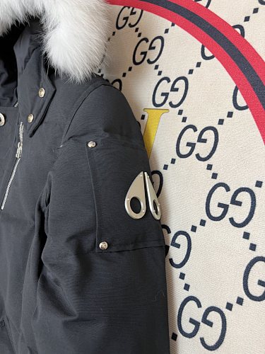 Moose Knuckles Black Crystal Stud Down Bomber – White Fur Hood Silver Hardware Canadian Outerwear
