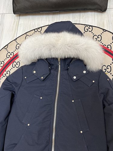 Moose Knuckles Navy Down Bomber Jacket – White Fur Trim Hooded Canadian Outerwear