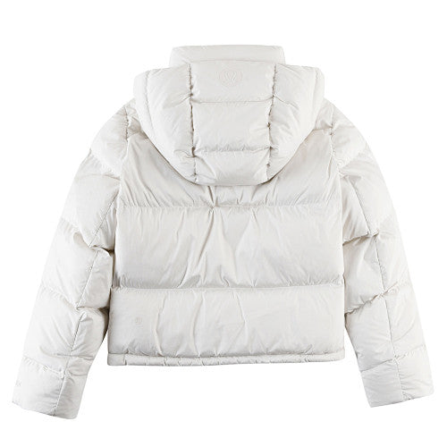 Lululemon Ivory Women's Hooded Down Puffer – Tonal Embossed Logo Snap Placket Wide Baffle Integrated Hood Lululemon Outerwear