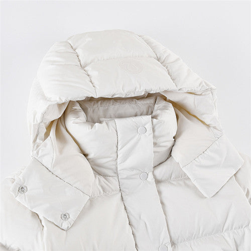 Lululemon Ivory Women's Hooded Down Puffer – Tonal Embossed Logo Snap Placket Wide Baffle Integrated Hood Lululemon Outerwear
