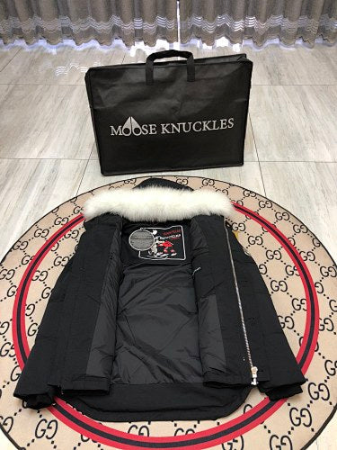 Moose Knuckles Black Crystal Stud Down Bomber – White Fur Hood Silver Hardware Canadian Outerwear