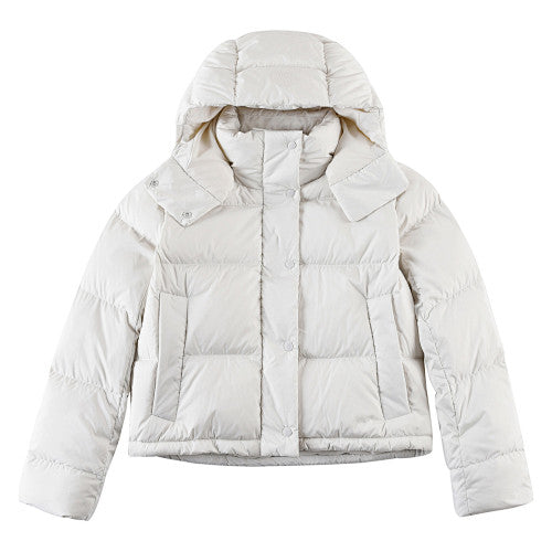 Lululemon Ivory Women's Hooded Down Puffer – Tonal Embossed Logo Snap Placket Wide Baffle Integrated Hood Lululemon Outerwear