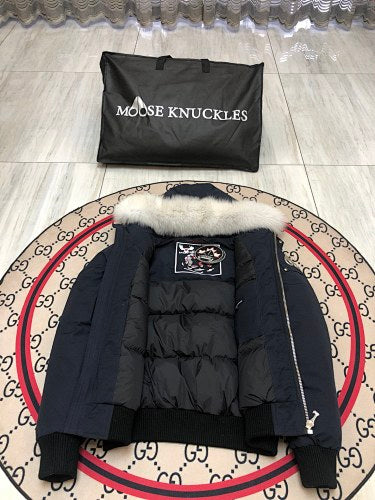Moose Knuckles Navy Down Bomber Jacket – White Fur Trim Hooded Canadian Outerwear