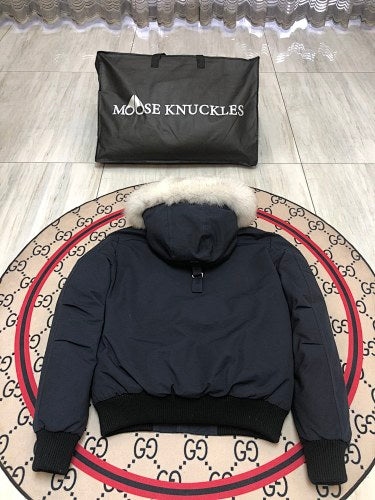 Moose Knuckles Navy Down Bomber Jacket – White Fur Trim Hooded Canadian Outerwear