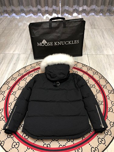 Moose Knuckles Black Crystal Stud Down Bomber – White Fur Hood Silver Hardware Canadian Outerwear