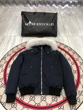 Moose Knuckles Navy Down Bomber Jacket – White Fur Trim Hooded Canadian Outerwear
