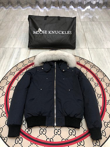 Moose Knuckles Navy Down Bomber Jacket – White Fur Trim Hooded Canadian Outerwear