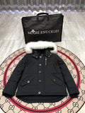 Moose Knuckles Black Crystal Stud Down Bomber – White Fur Hood Silver Hardware Canadian Outerwear