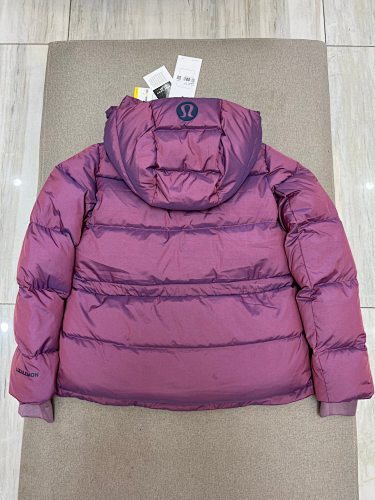 Lululemon Berry Women's Hooded Down Puffer – Iridescent Shell Snap Placket Wide Baffle Ribbed Hem Lululemon Outerwear