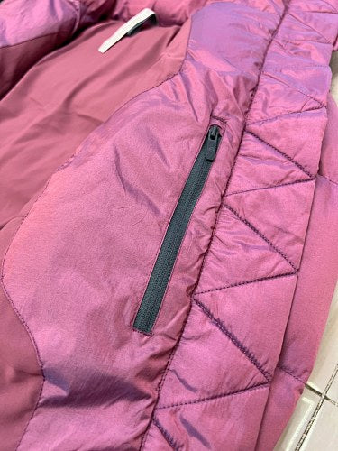 Lululemon Berry Women's Hooded Down Puffer – Iridescent Shell Snap Placket Wide Baffle Ribbed Hem Lululemon Outerwear
