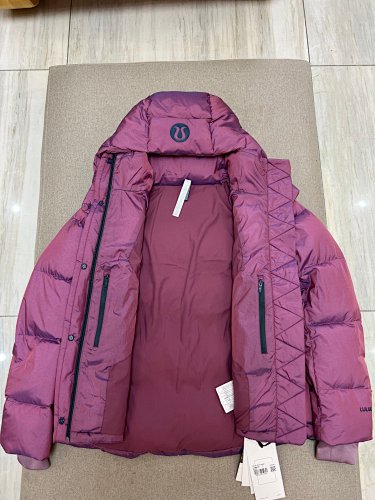 Lululemon Berry Women's Hooded Down Puffer – Iridescent Shell Snap Placket Wide Baffle Ribbed Hem Lululemon Outerwear