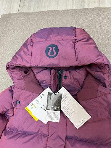 Lululemon Berry Women's Hooded Down Puffer – Iridescent Shell Snap Placket Wide Baffle Ribbed Hem Lululemon Outerwear