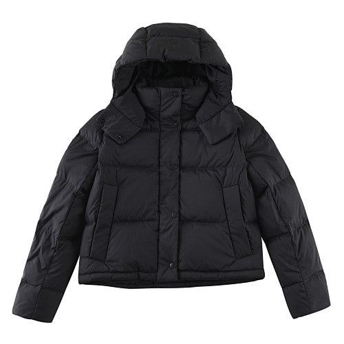 Lululemon Black Women's Hooded Down Puffer – Embossed Logo Snap Placket Wide Baffle Integrated Hood Lululemon Outerwear