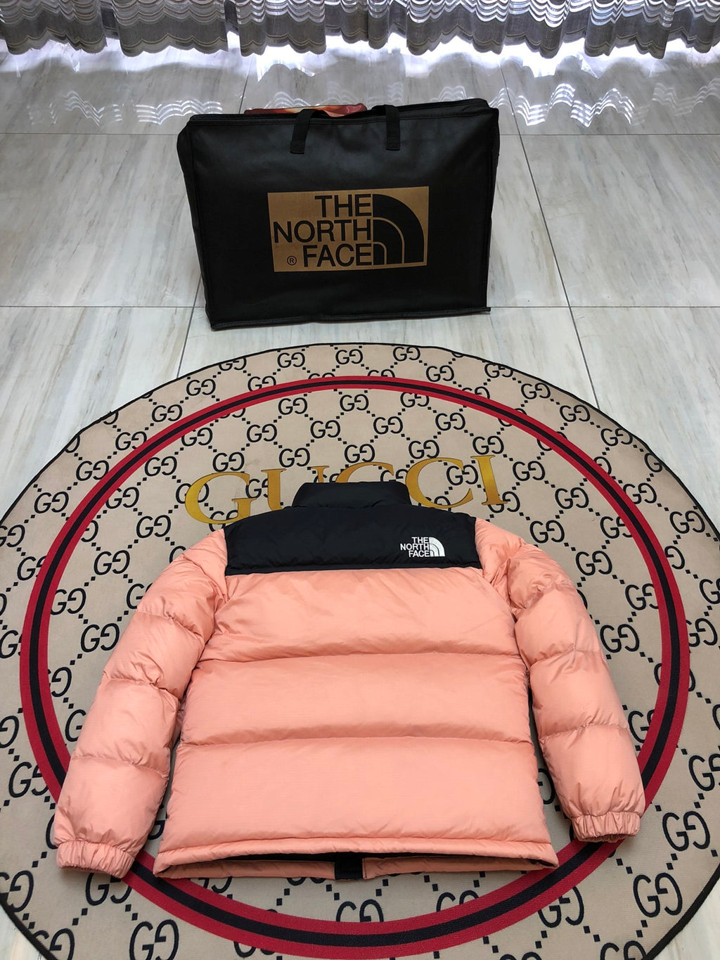 The North Face Coral Pink & Black 700-Fill Nuptse Down Puffer Jacket
