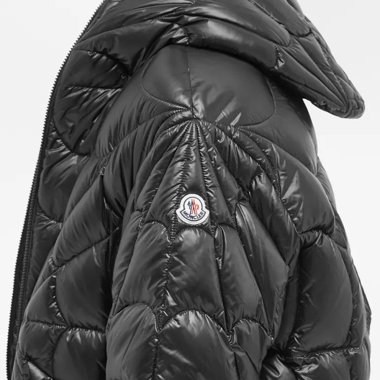 Moncler Black Radial Starburst Quilted Down Jacket – High-Gloss Shell Sunburst Baffle Pattern Logo Hood Brim Tricolor Badge Moncler Outerwear