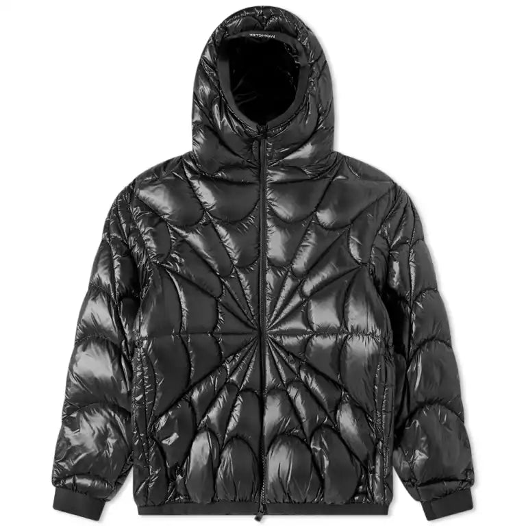Moncler Black Radial Starburst Quilted Down Jacket – High-Gloss Shell Sunburst Baffle Pattern Logo Hood Brim Tricolor Badge Moncler Outerwear