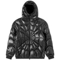 Moncler Black Radial Starburst Quilted Down Jacket – High-Gloss Shell Sunburst Baffle Pattern Logo Hood Brim Tricolor Badge Moncler Outerwear