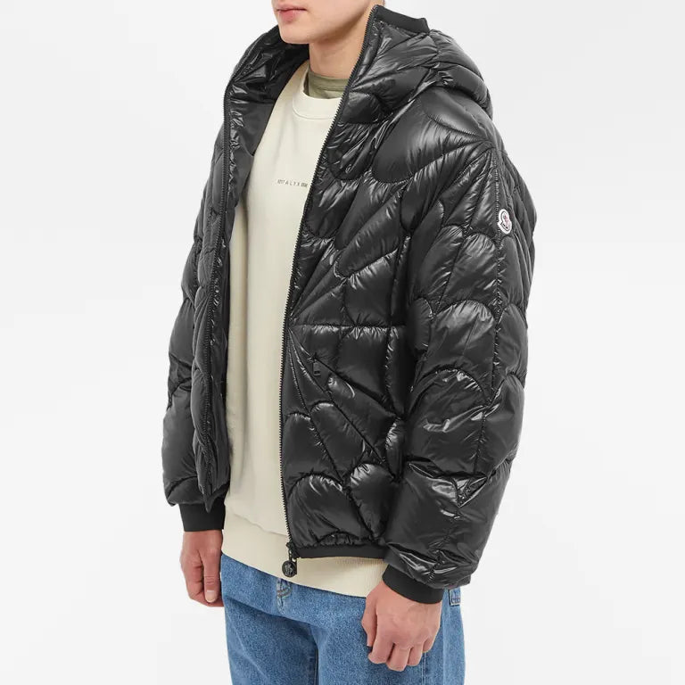 Moncler Black Radial Starburst Quilted Down Jacket – High-Gloss Shell Sunburst Baffle Pattern Logo Hood Brim Tricolor Badge Moncler Outerwear