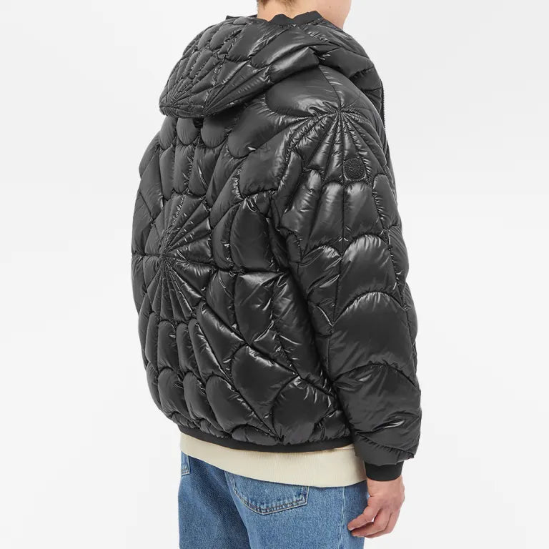 Moncler Black Radial Starburst Quilted Down Jacket – High-Gloss Shell Sunburst Baffle Pattern Logo Hood Brim Tricolor Badge Moncler Outerwear