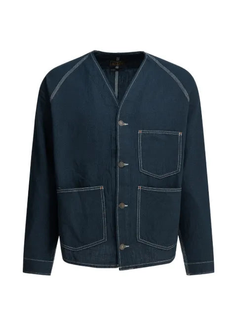 BEAMS PLUS contrast-stitch collarless jacket