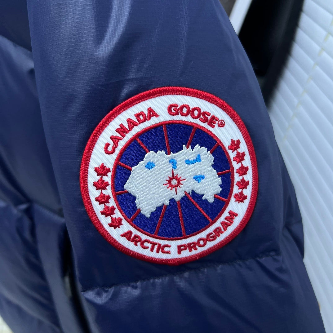 Canada Goose Navy Blue Glossy Oversized Down Puffer – Boxy Hooded Silhouette Arctic Program Badge Canadian Outerwear
