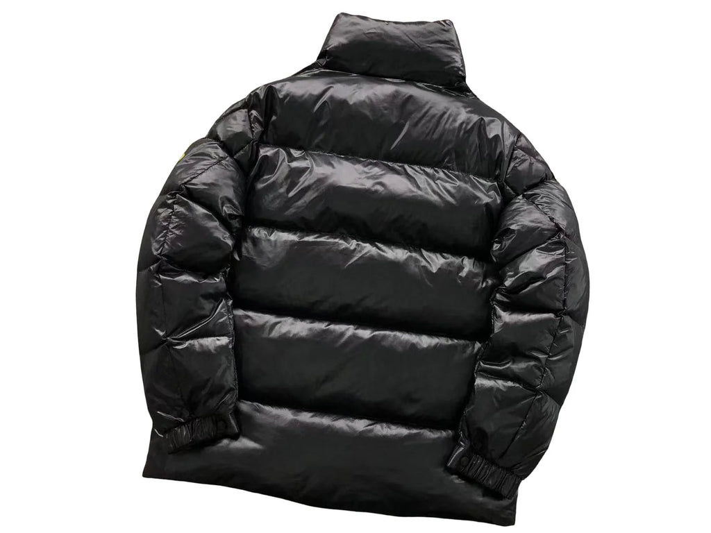 Moncler Black Diamond-Quilted Down Jacket – Oversized Gold Embroidered Badge High Stand Collar Hidden Snap Placket Khaki Interior Moncler Outerwear