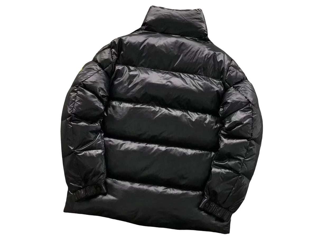 Moncler Black Diamond-Quilted Down Jacket – Oversized Gold Embroidered Badge High Stand Collar Hidden Snap Placket Khaki Interior Moncler Outerwear