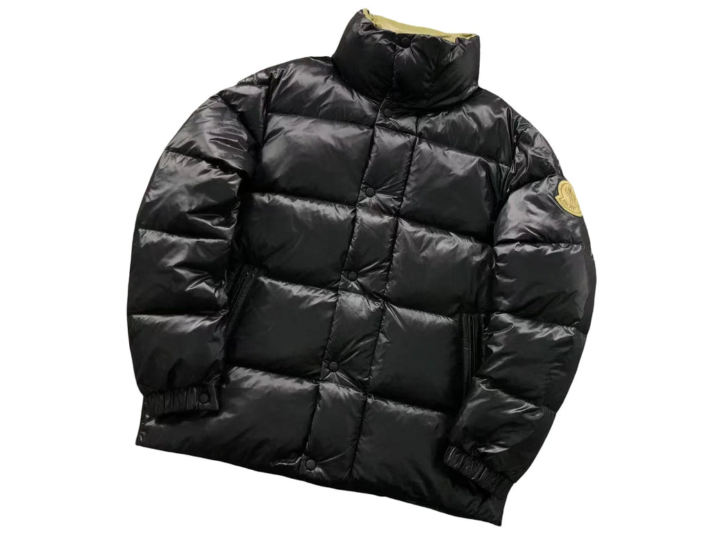 Moncler Black Diamond-Quilted Down Jacket – Oversized Gold Embroidered Badge High Stand Collar Hidden Snap Placket Khaki Interior Moncler Outerwear