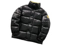 Moncler Black Diamond-Quilted Down Jacket – Oversized Gold Embroidered Badge High Stand Collar Hidden Snap Placket Khaki Interior Moncler Outerwear