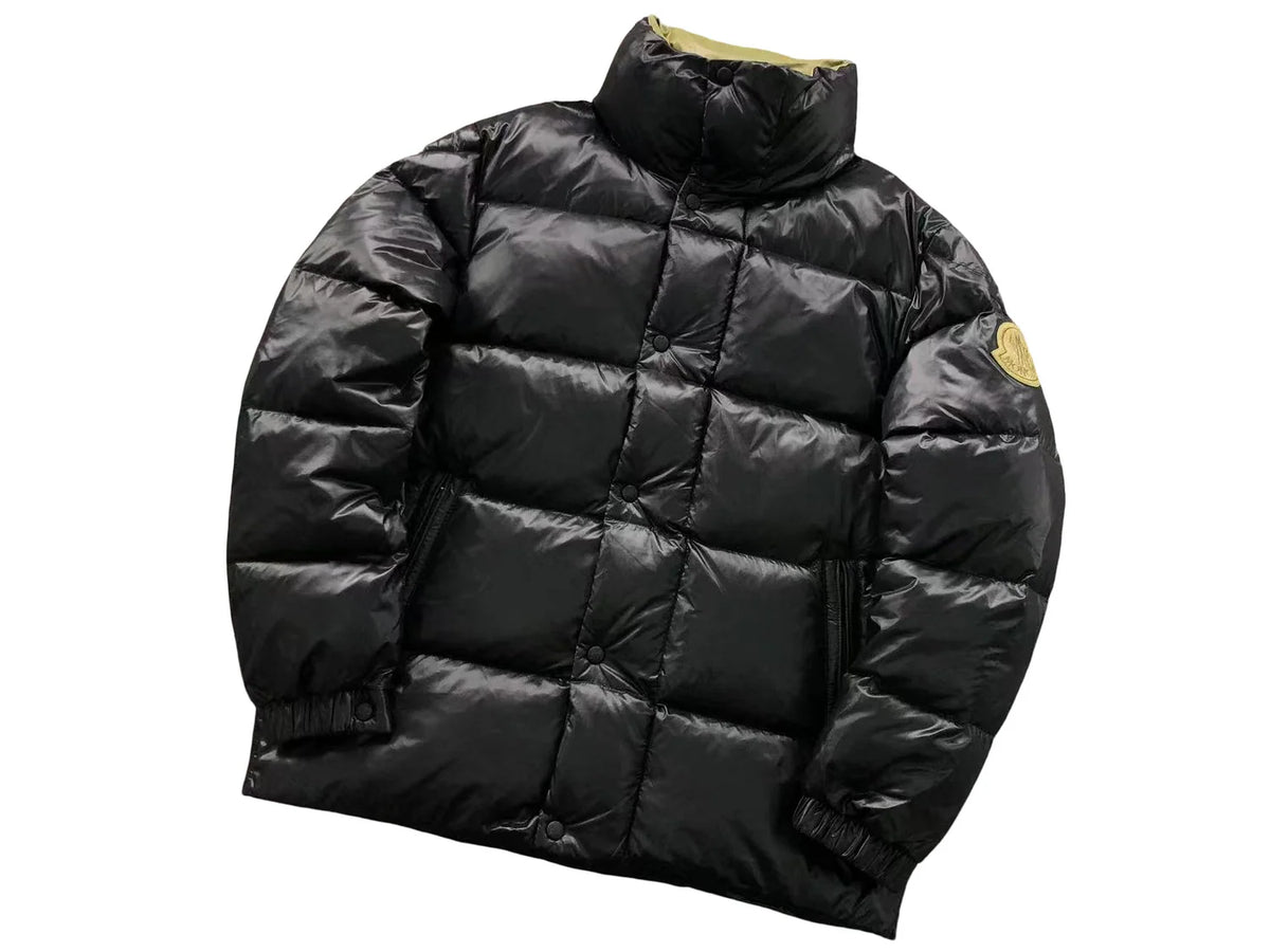 Moncler Black Diamond-Quilted Down Jacket – Oversized Gold Embroidered Badge High Stand Collar Hidden Snap Placket Khaki Interior Moncler Outerwear