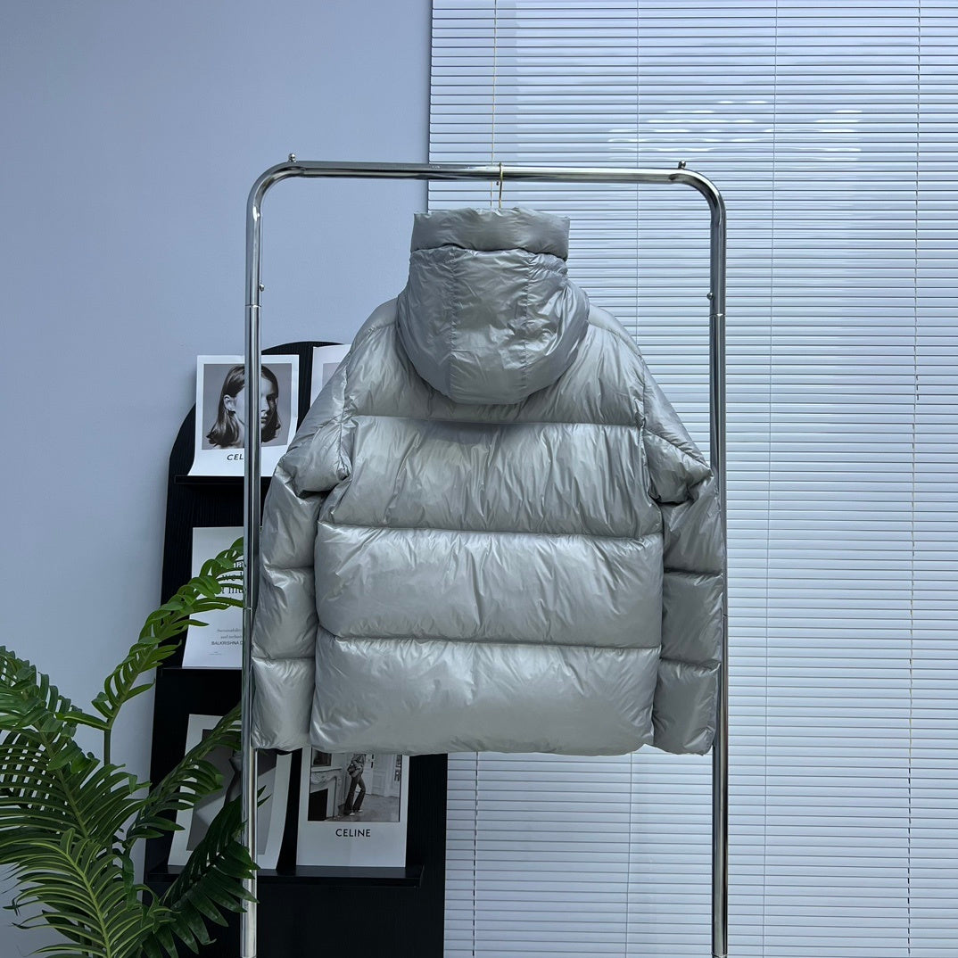 Canada Goose Silver Glossy Oversized Down Puffer – Boxy Hooded Silhouette Arctic Program Badge Canadian Outerwear