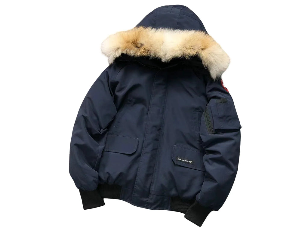Canada Goose Navy Chilliwack Down Bomber – Coyote Fur Trim Arctic Hooded Jacket