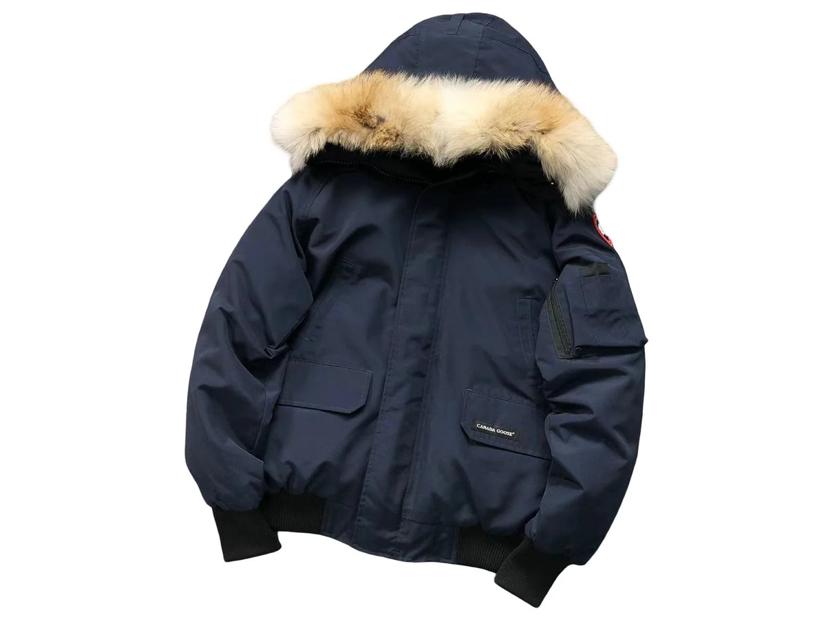 Canada Goose Navy Chilliwack Down Bomber – Coyote Fur Trim Arctic Hooded Jacket
