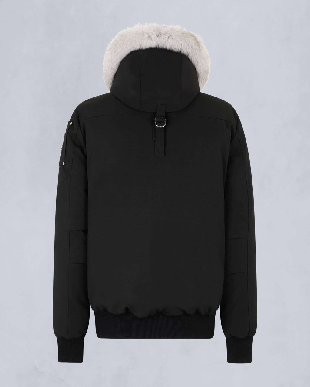 Moose Knuckles Black White Fur-Trim Hooded Bomber Jacket – Cream Fur Hood Contrast Quad Chest Pockets Silver Rivets Ballistic Badge D-Ring Moose Knuckles Outerwear