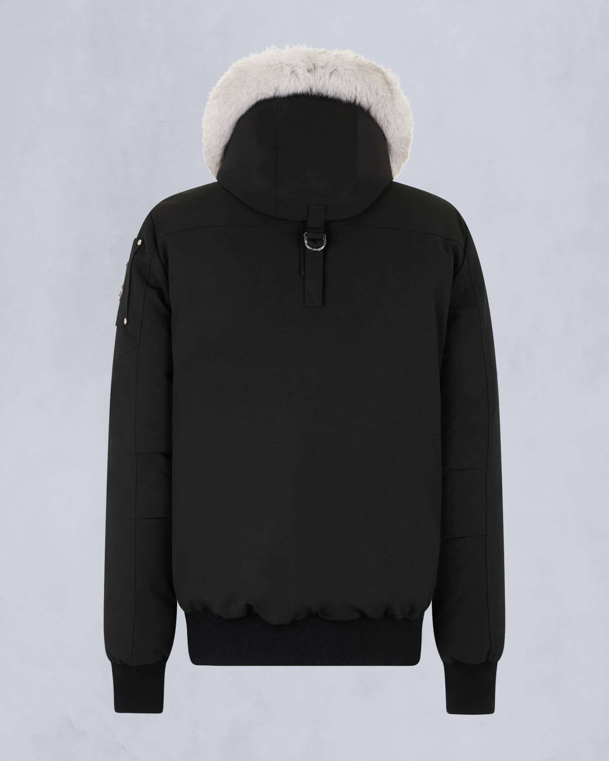 Moose Knuckles Black White Fur-Trim Hooded Bomber Jacket – Cream Fur Hood Contrast Quad Chest Pockets Silver Rivets Ballistic Badge D-Ring Moose Knuckles Outerwear