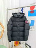 Canada Goose Black Mid-Length Hooded Puffer – Grid Quilted Padded Hood Arctic Program Badge Canadian Outerwear