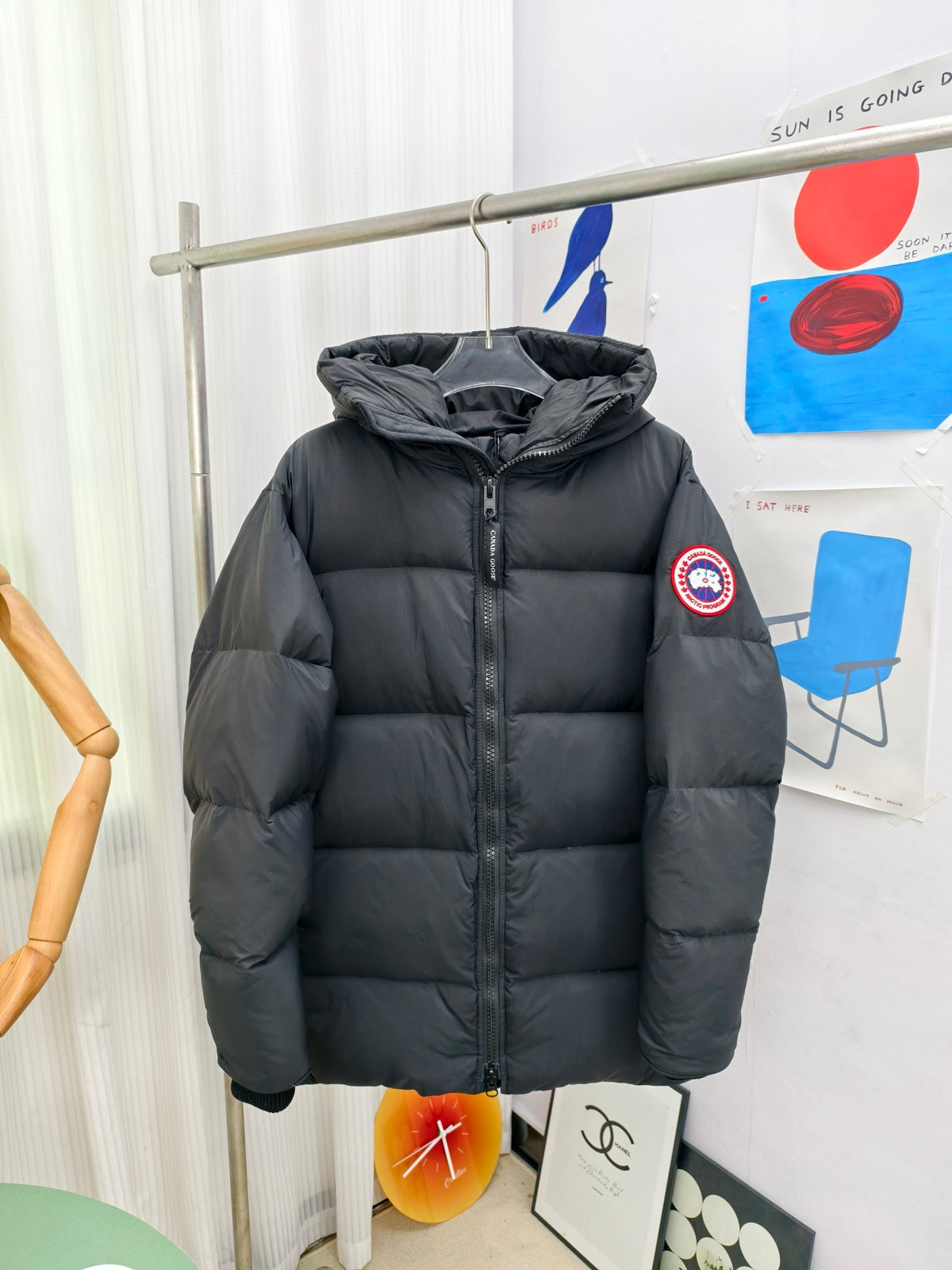 Canada Goose Black Mid-Length Hooded Puffer – Grid Quilted Padded Hood Arctic Program Badge Canadian Outerwear