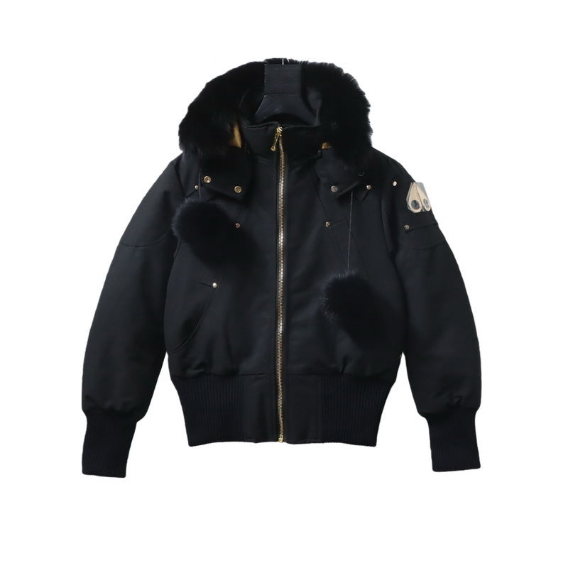Moose Knuckles Black Fur-Trim Hooded Bomber Jacket – Real Fur Hood Trim Fur Pom Pockets Gold Zip Silver Rivets Ballistic Badge Ribbed Knit Hem Moose Knuckles Outerwear