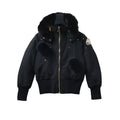 Moose Knuckles Black Fur-Trim Hooded Bomber Jacket – Real Fur Hood Trim Fur Pom Pockets Gold Zip Silver Rivets Ballistic Badge Ribbed Knit Hem Moose Knuckles Outerwear
