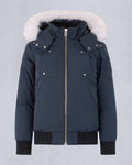 Moose Knuckles Slate Blue Fur-Trim Hooded Bomber Jacket – Cream Fur Hood Silver Logo Badge Quad Snap Pockets Black Ribbed Trim Silver Zip Moose Knuckles Outerwear