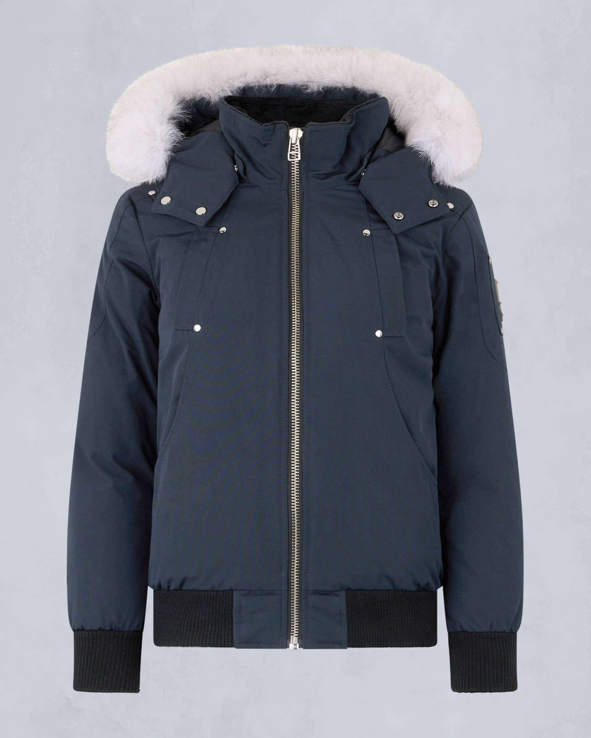 Moose Knuckles Slate Blue Fur-Trim Hooded Bomber Jacket – Cream Fur Hood Silver Logo Badge Quad Snap Pockets Black Ribbed Trim Silver Zip Moose Knuckles Outerwear