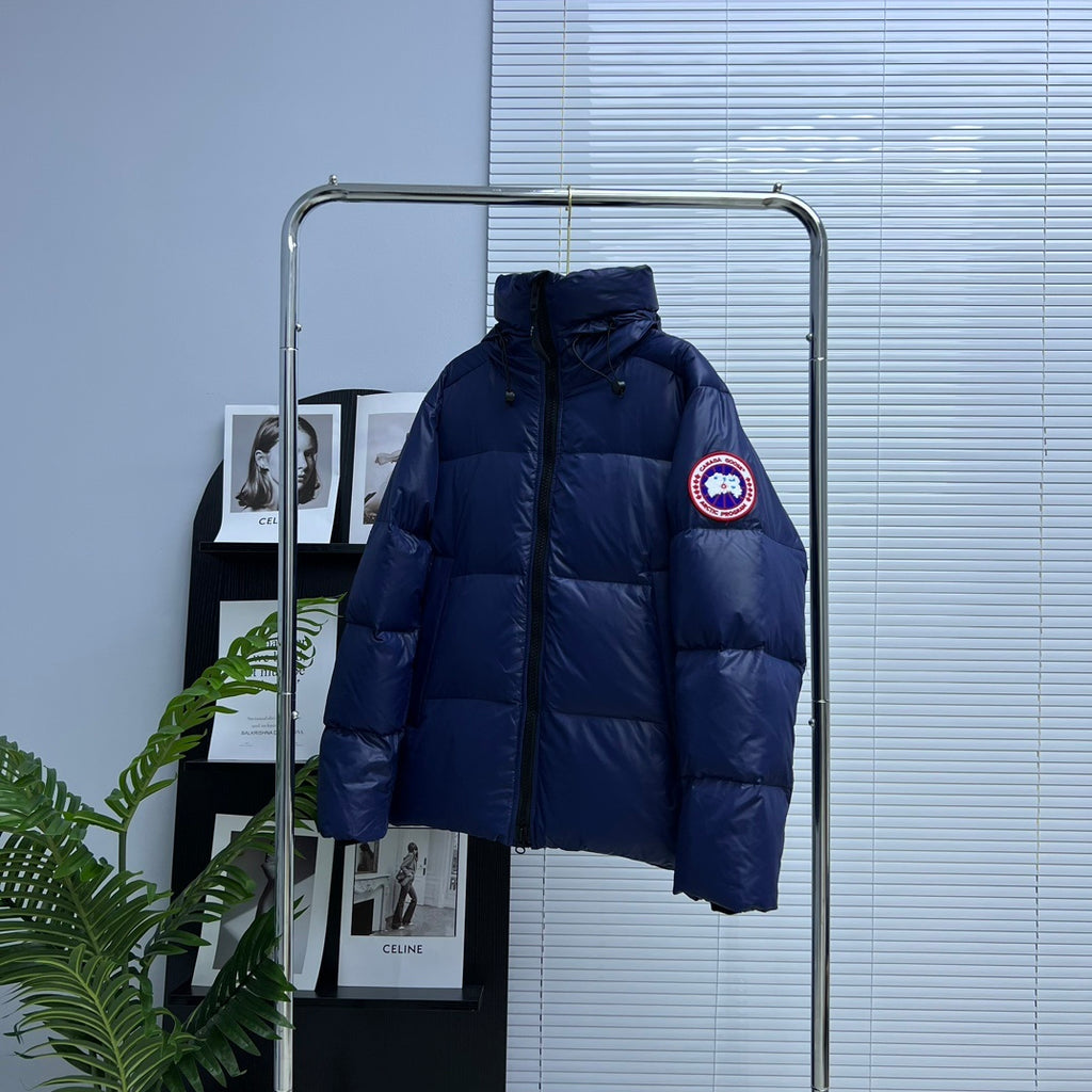 Canada Goose Navy Blue Glossy Oversized Down Puffer – Boxy Hooded Silhouette Arctic Program Badge Canadian Outerwear