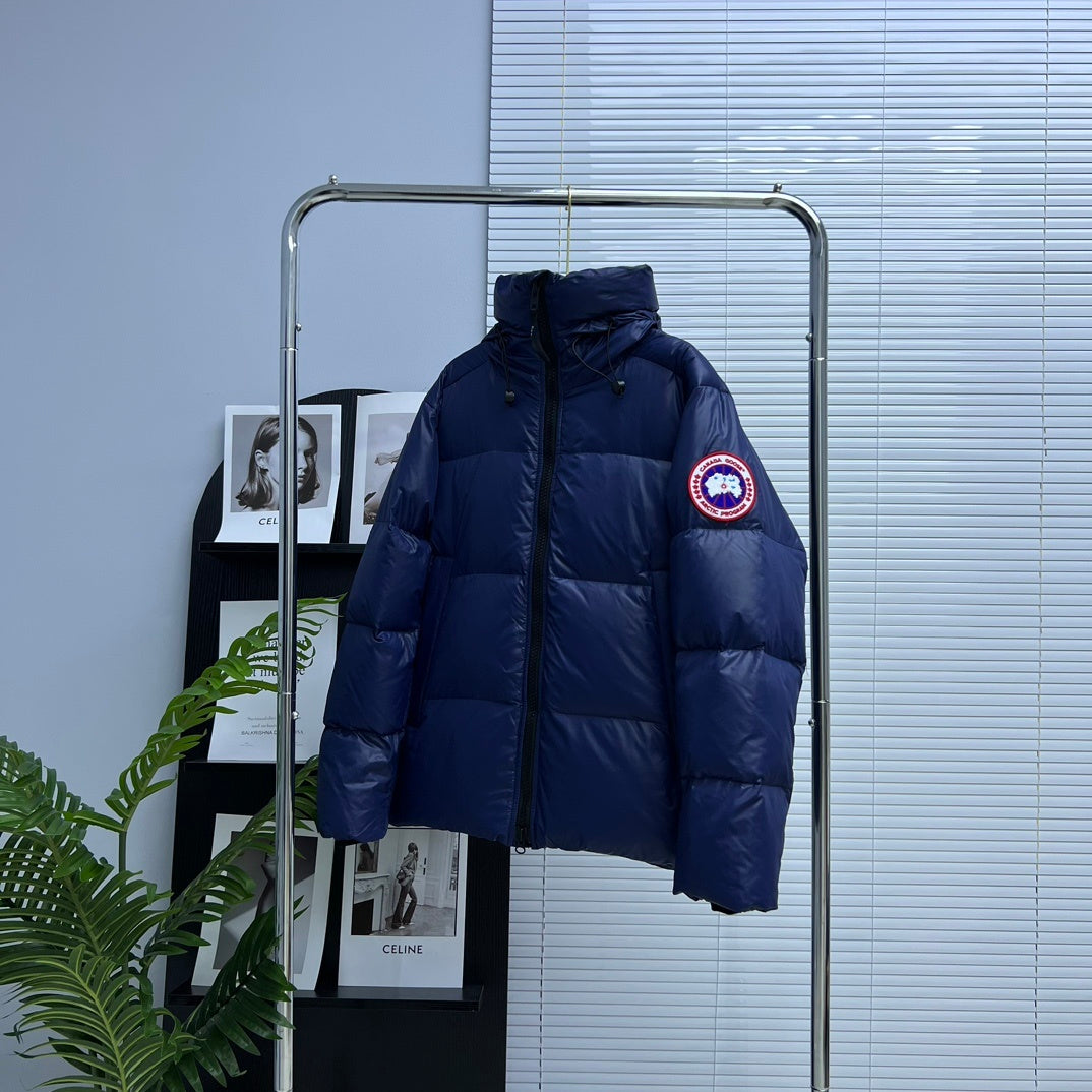 Canada Goose Navy Blue Glossy Oversized Down Puffer – Boxy Hooded Silhouette Arctic Program Badge Canadian Outerwear
