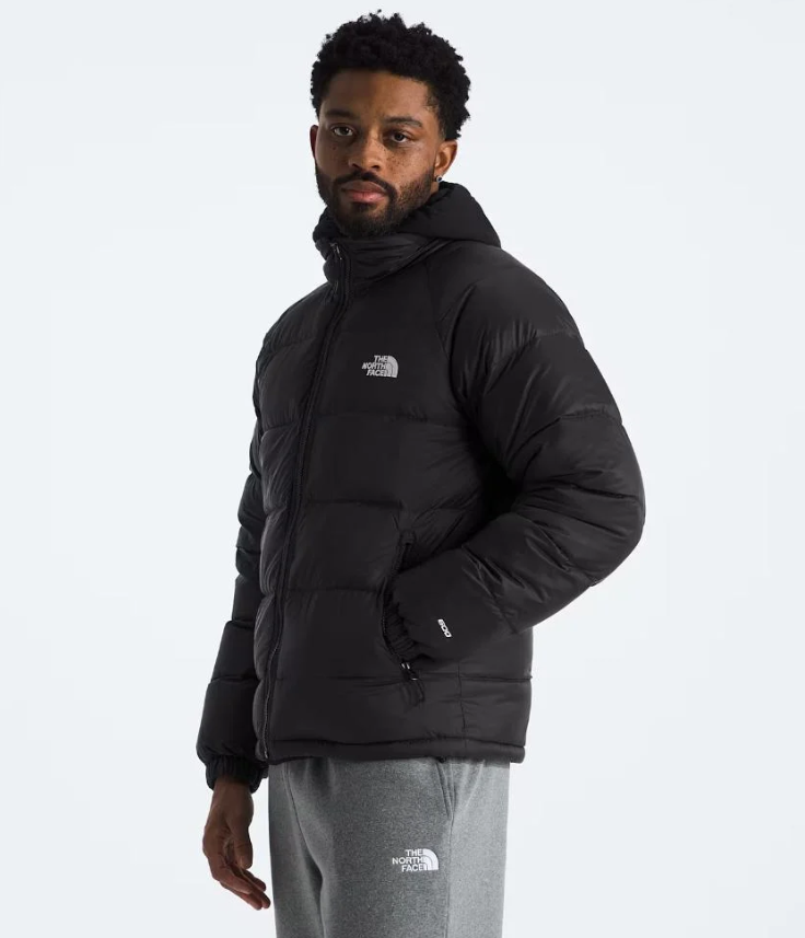 The North Face Black Nuptse Hooded Down Jacket – 700-Fill Down DWR Shell High Stand Collar Hip Zip Pockets TNF Logo The North Face Outerwear