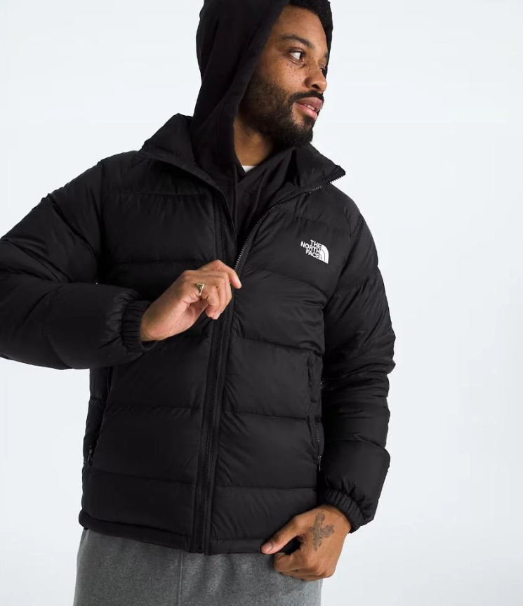 The North Face Black Nuptse Hooded Down Jacket – 700-Fill Down DWR Shell High Stand Collar Hip Zip Pockets TNF Logo The North Face Outerwear