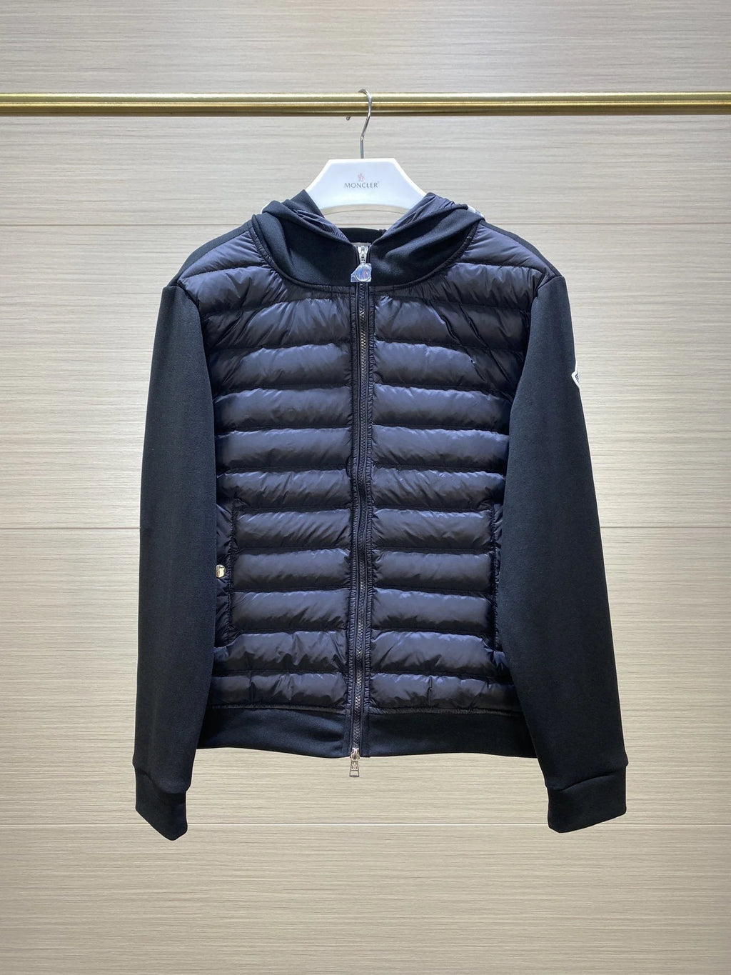 Moncler Black Hybrid Down-Knit Hooded Zip Cardigan – Quilted Front Panels Knit Sleeves Striped Hood Arm Badge Moncler Outerwear