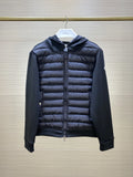 Moncler Black Hybrid Down-Knit Hooded Zip Cardigan – Quilted Front Panels Knit Sleeves Striped Hood Arm Badge Moncler Outerwear