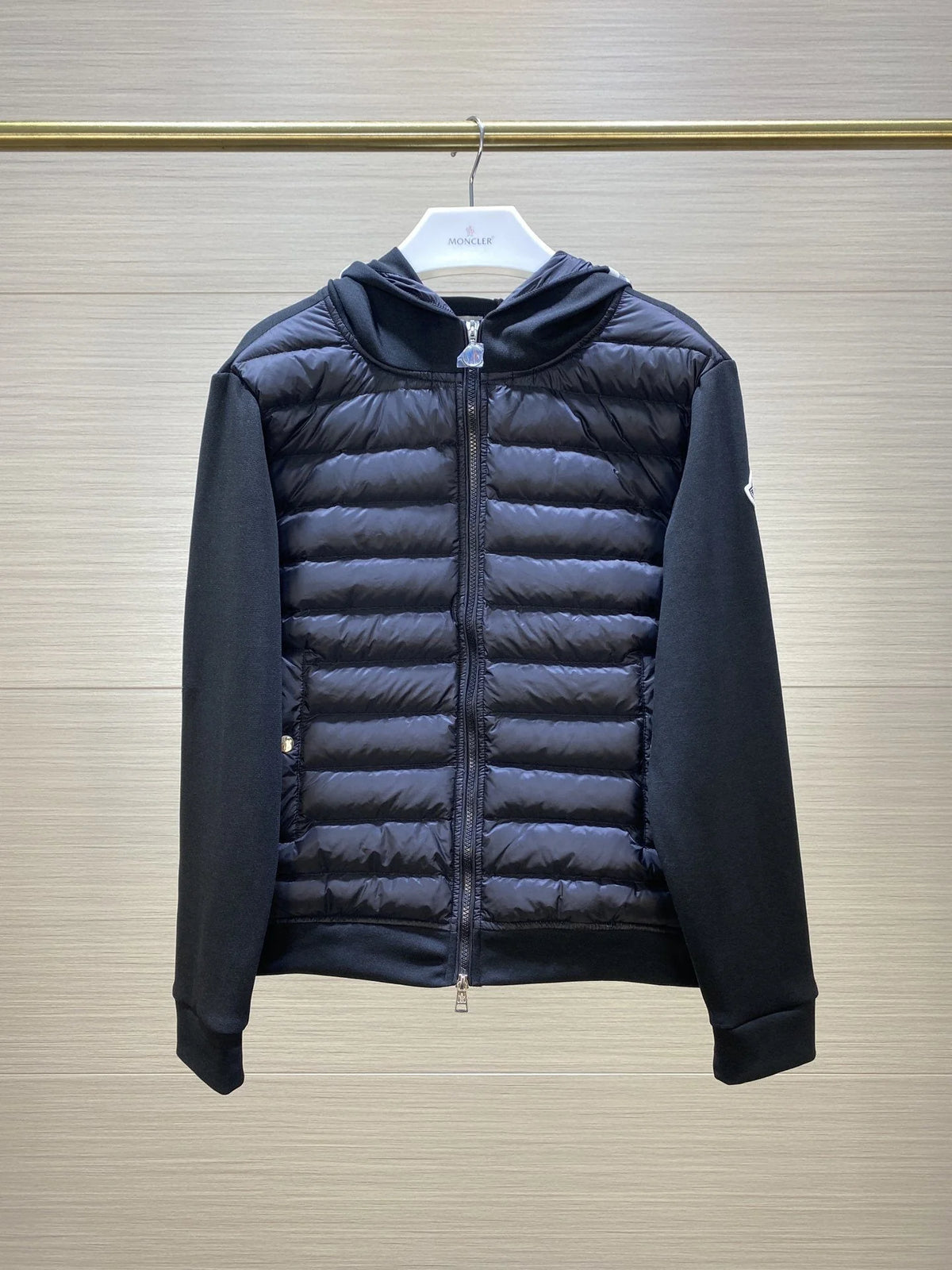 Moncler Black Hybrid Down-Knit Hooded Zip Cardigan – Quilted Front Panels Knit Sleeves Striped Hood Arm Badge Moncler Outerwear