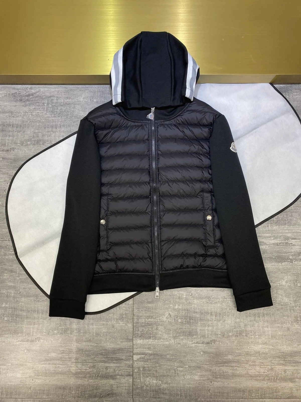 Moncler Black Hybrid Down-Knit Hooded Zip Cardigan – Quilted Front Panels Knit Sleeves Striped Hood Arm Badge Moncler Outerwear